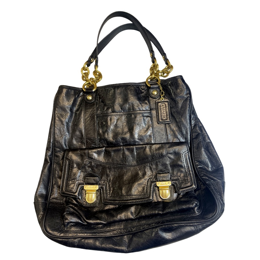 Coach Poppy Push Lock Black Leather Tote/ Shoulder Bag with Coach Dust Bag